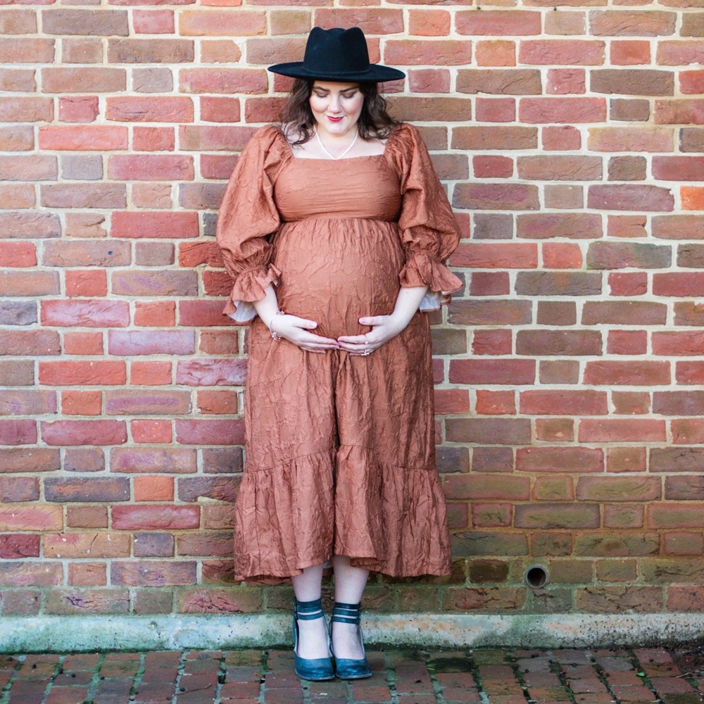 Pinkblush Rust Puff Sleeve Maternity Midi Dress